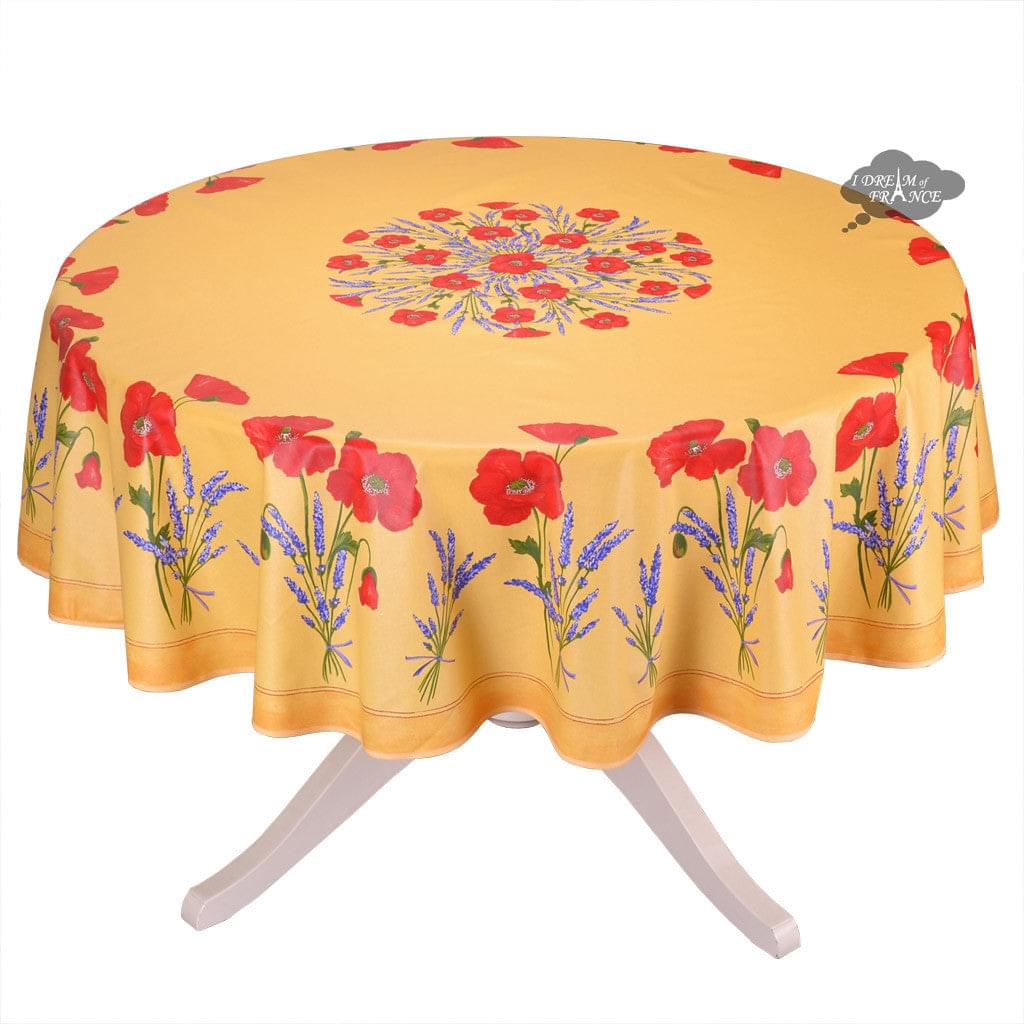 French Provencal tablecloth - Acrylic coated cotton, Spill-proof - 70" round - Poppies yellow | Tissus Toselli