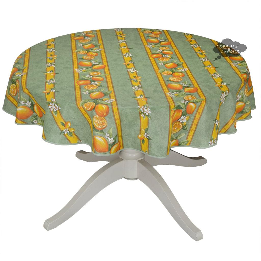 French Provencal tablecloth - Cotton, natural or acrylic-coated - 58" round - Lemon green | Tissus Toselli