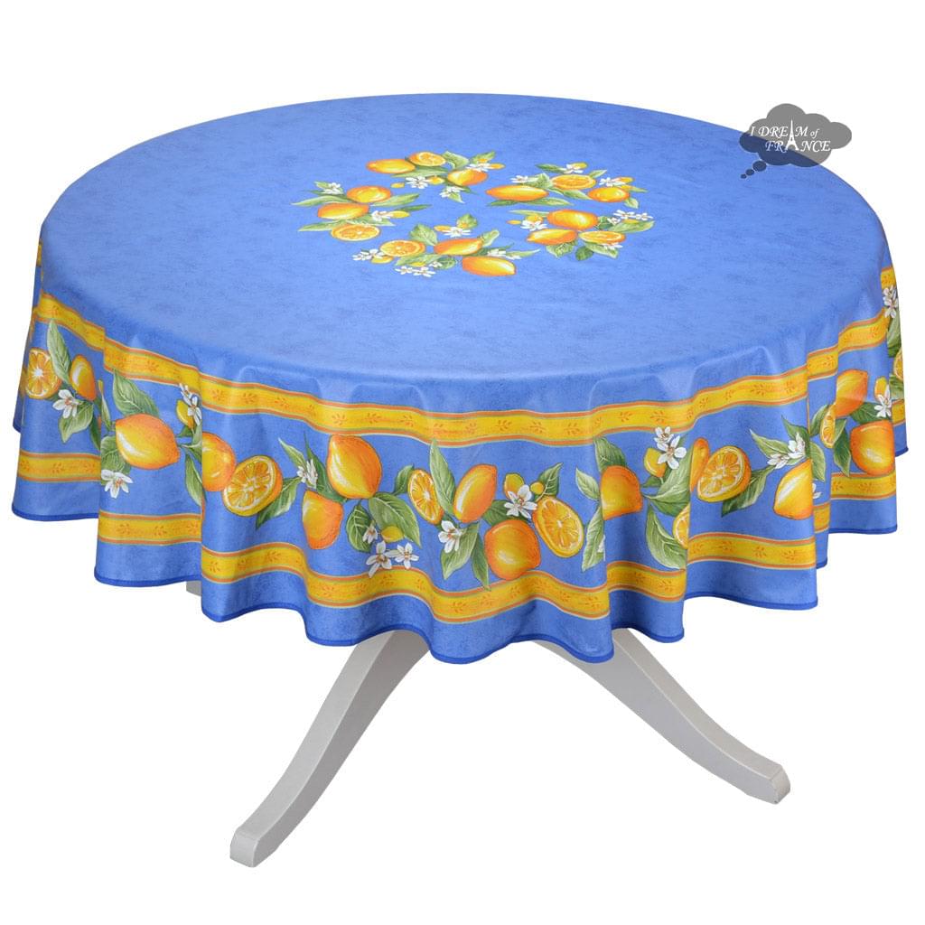 French Provencal tablecloth - Cotton, natural or acrylic-coated - 70" round - Lemon blue| Tissus Toselli