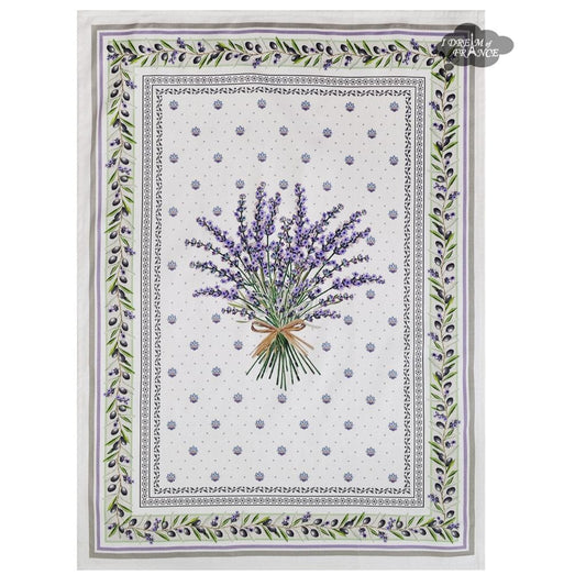 a white tablecloth with purple flowers