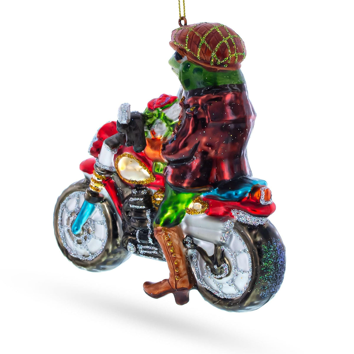 Frog Riding Motorcycle Glass Christmas Ornament