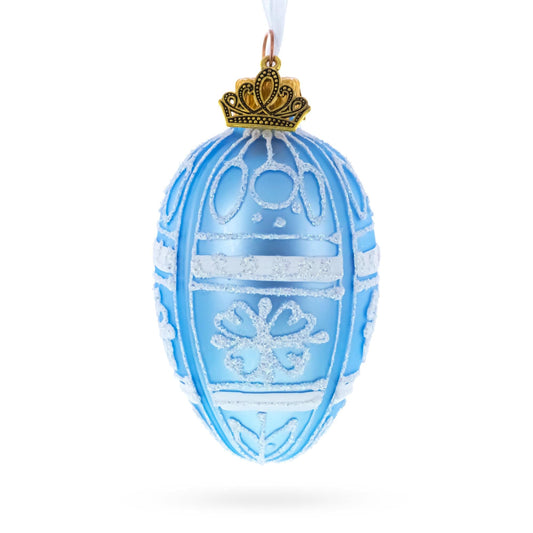 Frosted Blue with White Floral Pattern Mini Glass Egg Ornament 2.9 Inches