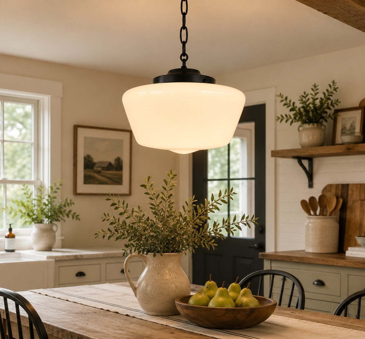 Large Antique Milk Glass Schoolhouse Pendant Light | 12"