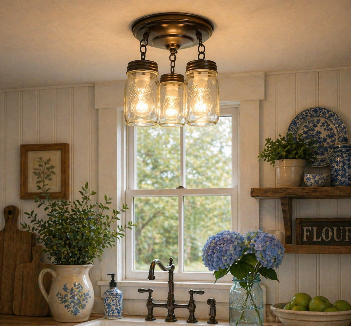 Mason Jar New Quart Chain Ceiling Trio | 9.5"W