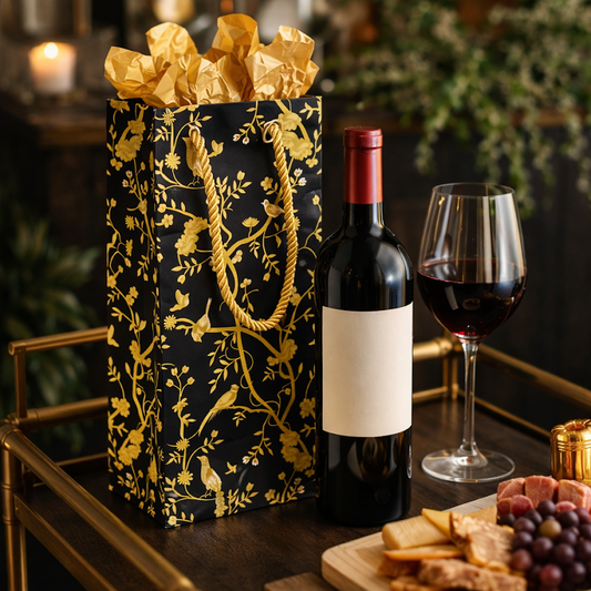 a bottle of wine next to a bag of food