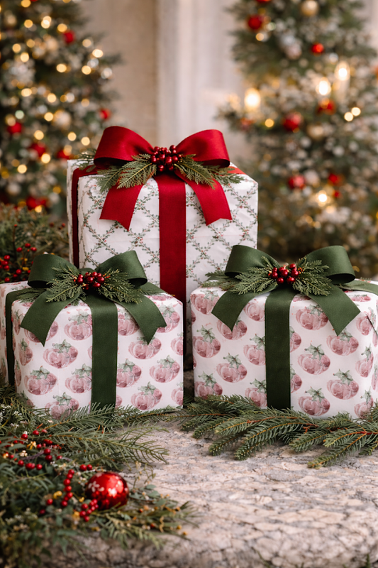 a group of wrapped presents with red and green ribbons
