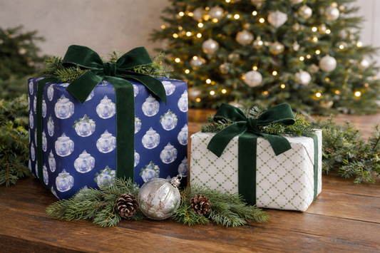 presents wrapped presents with green bows and pine cones