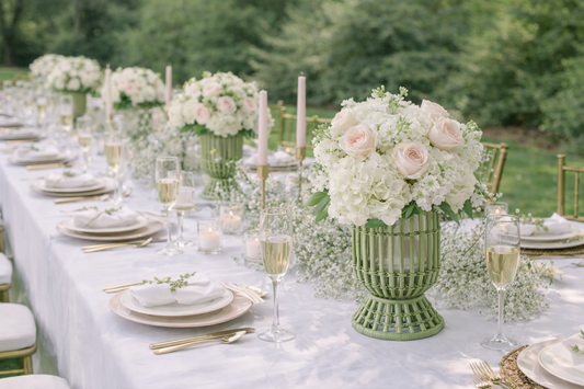 a table set with white and pink flowers