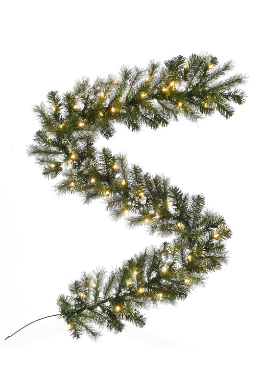 6' Pre-lit Snow Dusted Nulato Pine Garland with Silver Ornaments & Glitter Berry Clusters