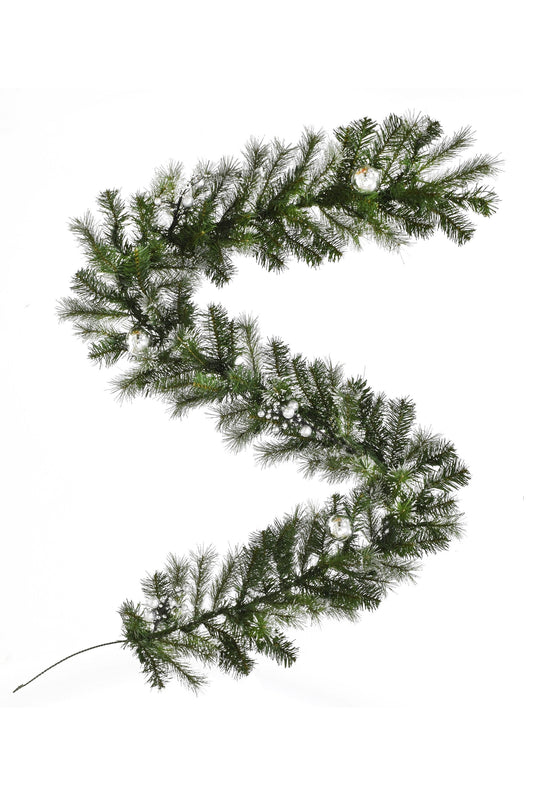 6' Snow Dusted Nulato Pine Garland with Silver Ornaments & Glitter Berry Clusters