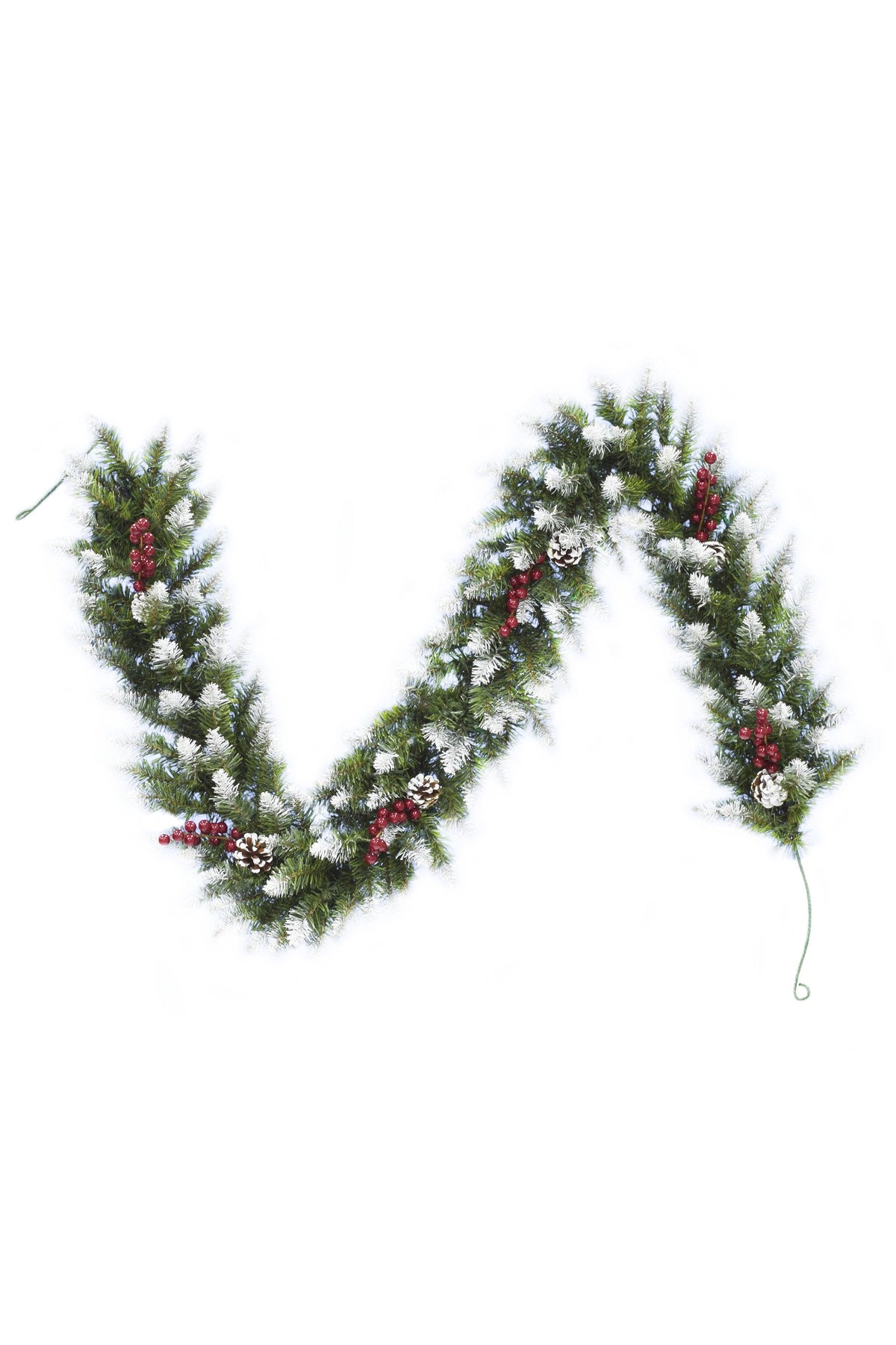 a green garland with red berries and white flowers