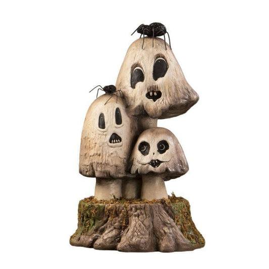 a group of mushrooms with spiders on top