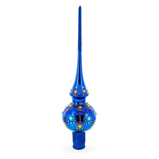 Glossy Blue with Festive Accents Glass Christmas Tree Topper 11 Inches