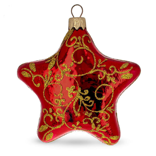 Glossy Red Star with Gold Pattern Glass Christmas Ornament