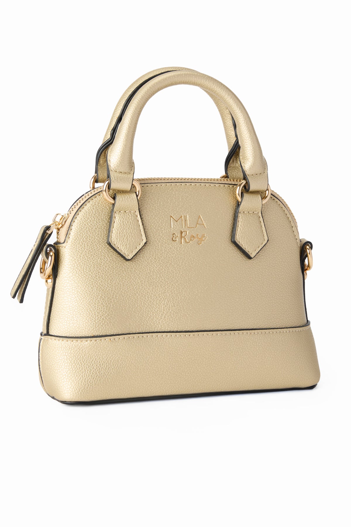 a gold handbag with black straps
