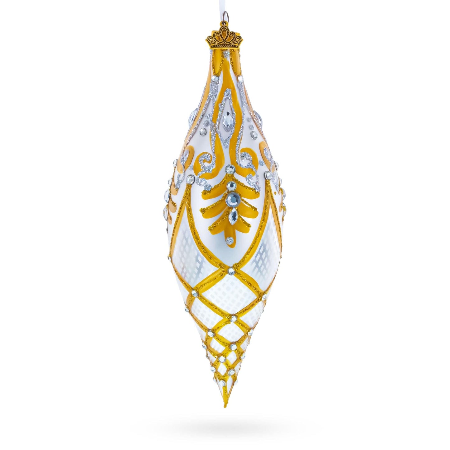 Gold & White Baroque-Style Gem-Encrusted Elongated Pointed Teardrop Finial Glass Christmas Ornament