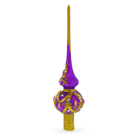 Gold and White Jewels on Purple Glass Christmas Tree Topper 11 Inches