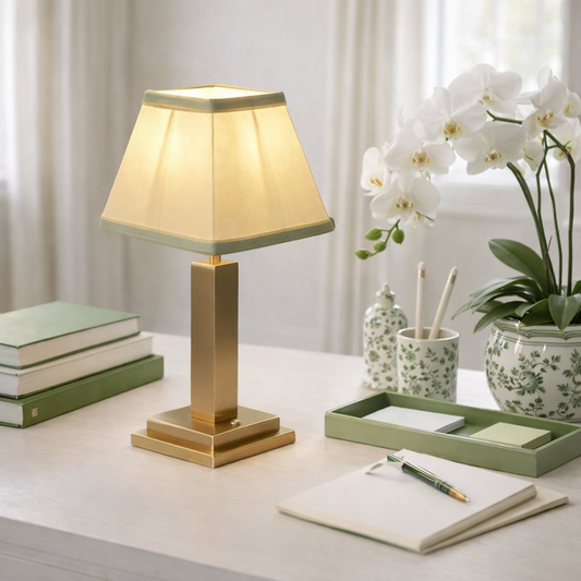 Gold Square Rechargeable Lamp with Green Trim Shade