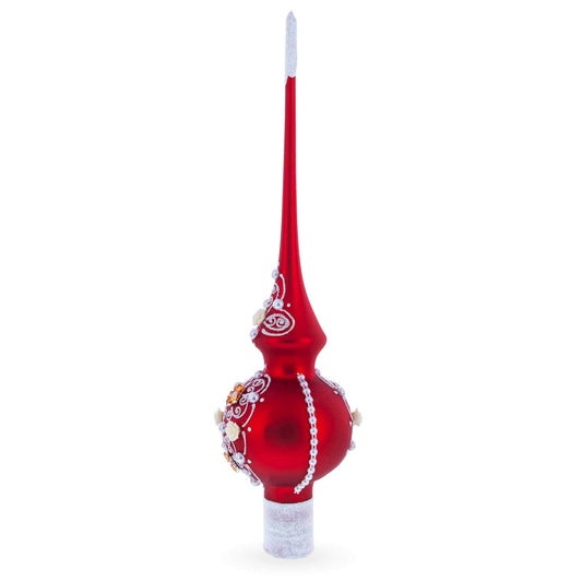 Golden Flowers and Silver Swirls on Red Glass Christmas Tree Topper 11 Inches