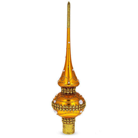 Golden Jewels White Pearls on Gold Glass Christmas Tree Topper 11 Inches