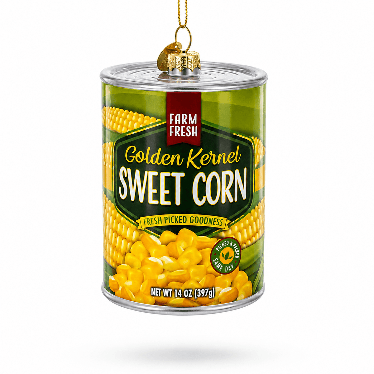 Golden Kernel Sweet Corn Can Glass Christmas Ornament