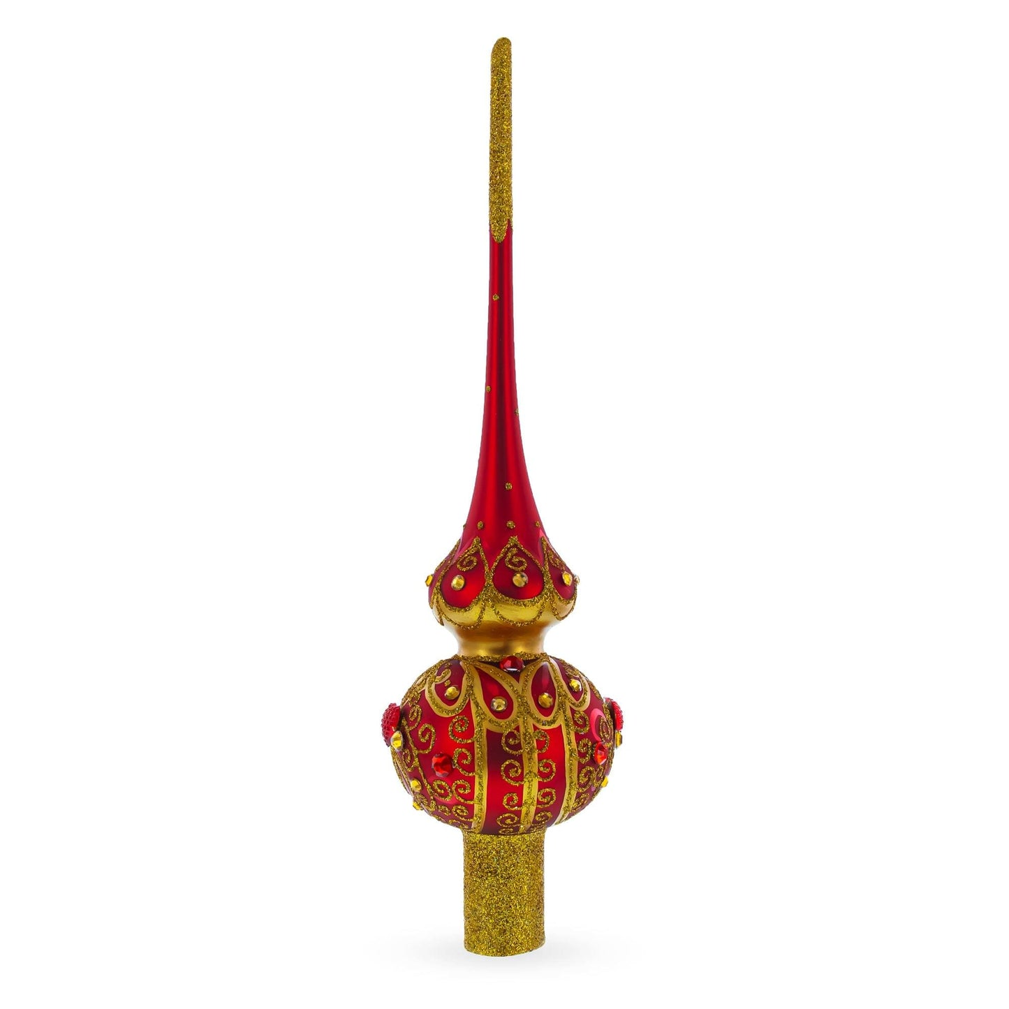 Golden Scrolls on Red Glass Christmas Tree Topper 11 Inches