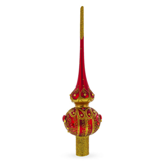 Golden Scrolls on Red Glass Christmas Tree Topper 11 Inches