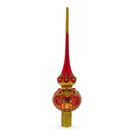 Golden Scrolls on Red Glass Christmas Tree Topper 11 Inches