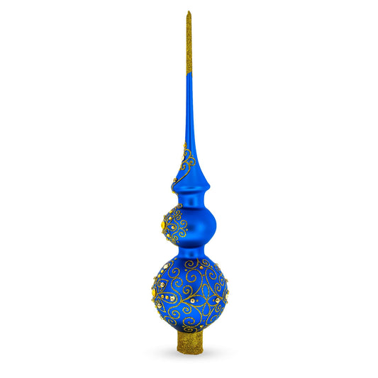 Golden Swirls on Blue Double Ball Glass Christmas Tree Topper 16 Inches