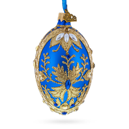 Golden Swirls on Blue Glass Egg Ornament 4 Inches