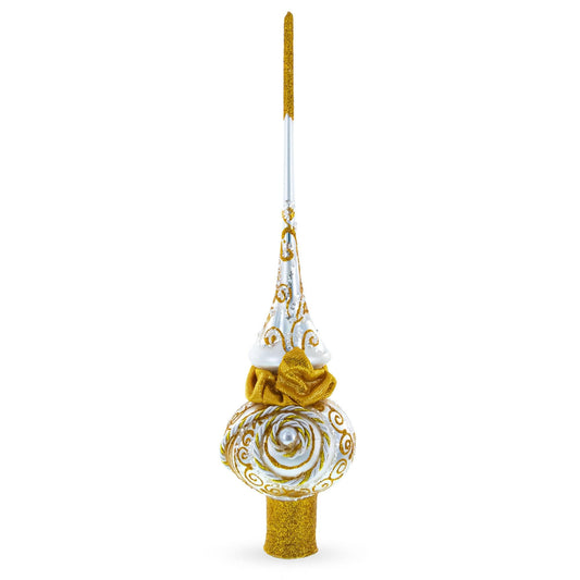 Golden Twisted Rope and Bow on White Glass Christmas Tree Topper 11 Inches