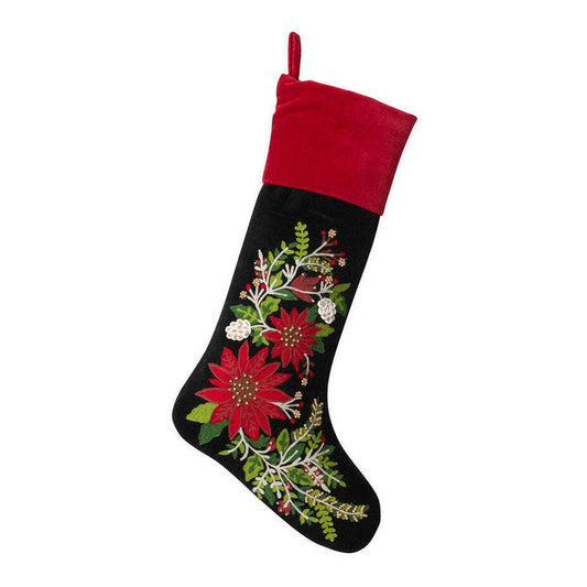 a black and red stocking with flowers