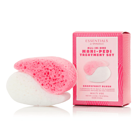 a pink and white sponge next to a box
