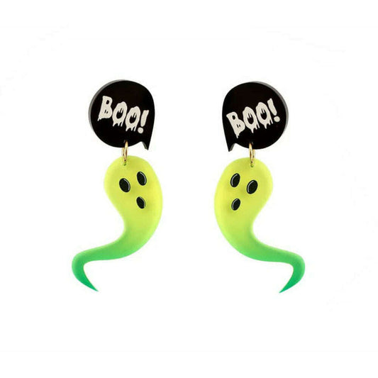 a pair of earrings with ghosts