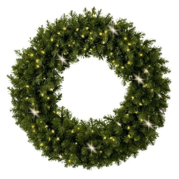 a green wreath with lights