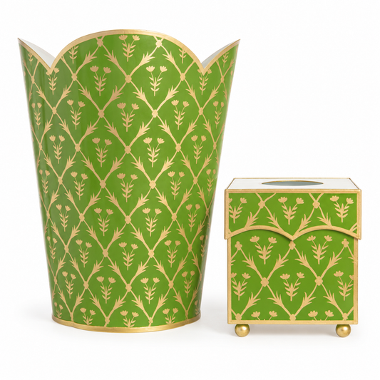 Moss Green & Gold Tulip Wastepaper Basket & Tissue (2 Options)