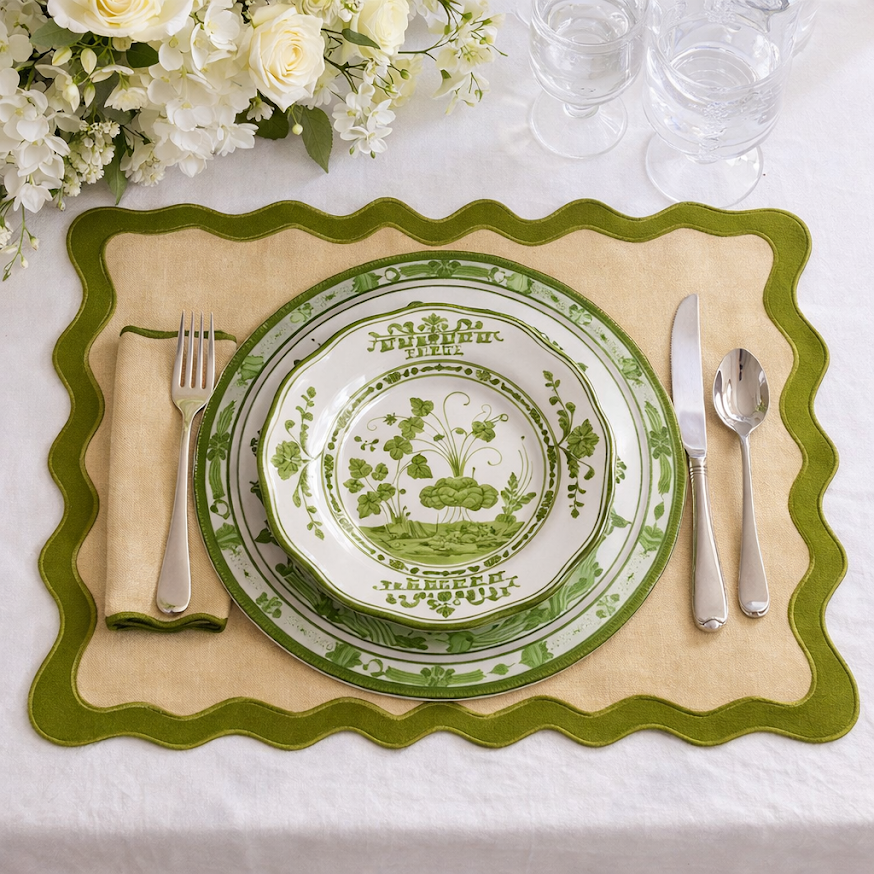 Hampton Tan & Moss Green Trim Placemat & Napkin