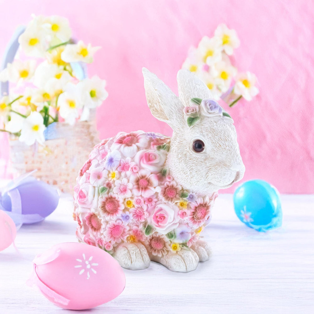 Hand Painted Resin Bunny With Elegant Garden Blooms 7.1 Inches Tall