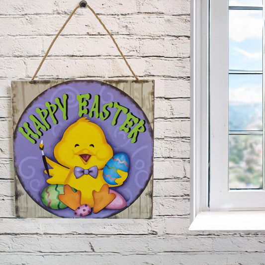 Happy Easter Chick Decorative Wall Plaque with Painted Egg Accents 10 Inches Tall