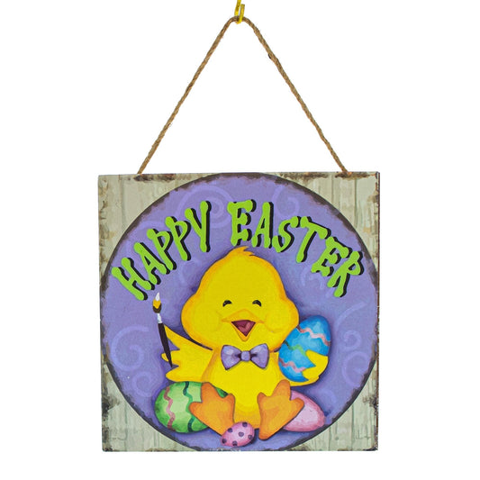 Happy Easter Chick Decorative Wall Plaque with Painted Egg Accents 10 Inches Tall