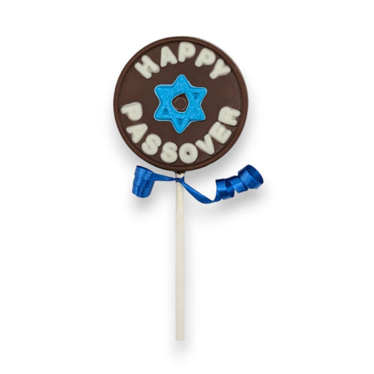 a chocolate lollipop with blue ribbon