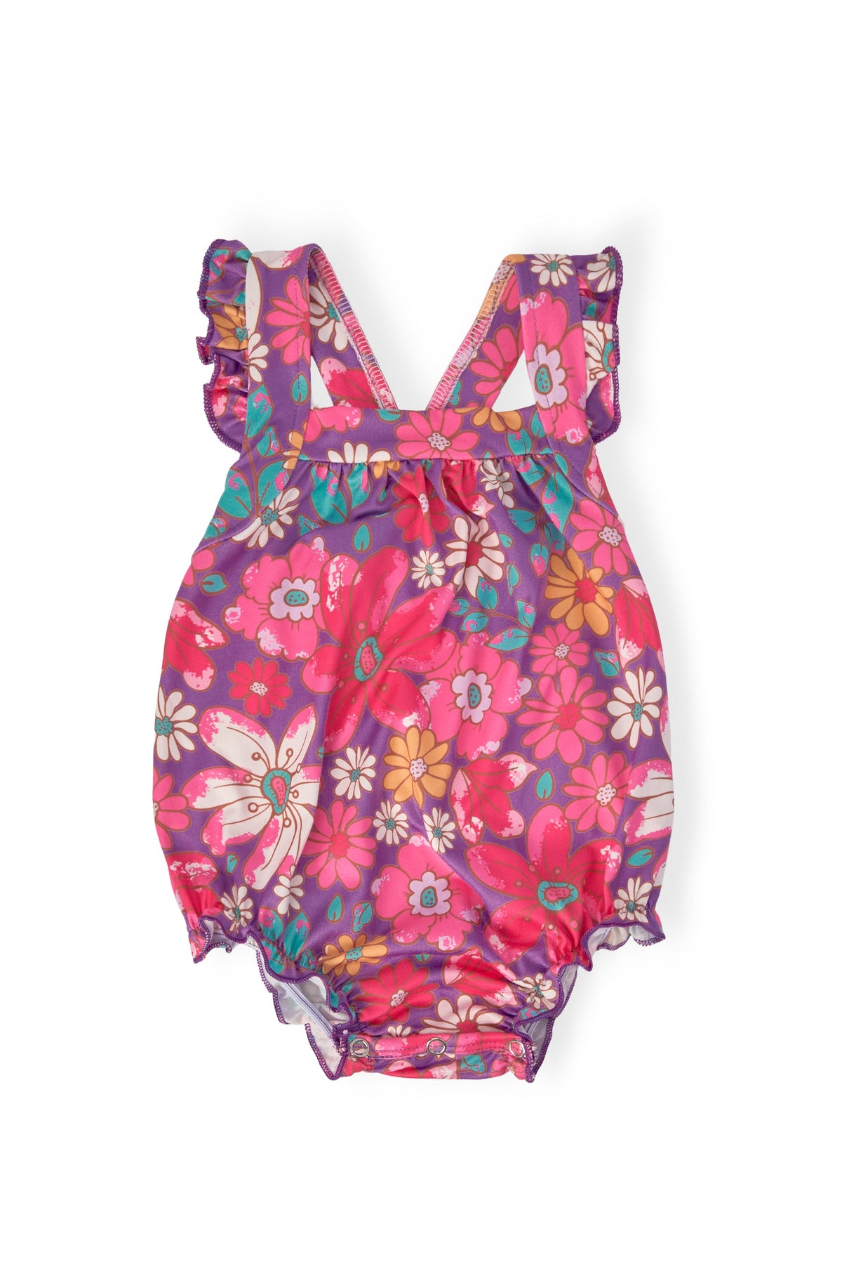 a pink and purple romper with flowers