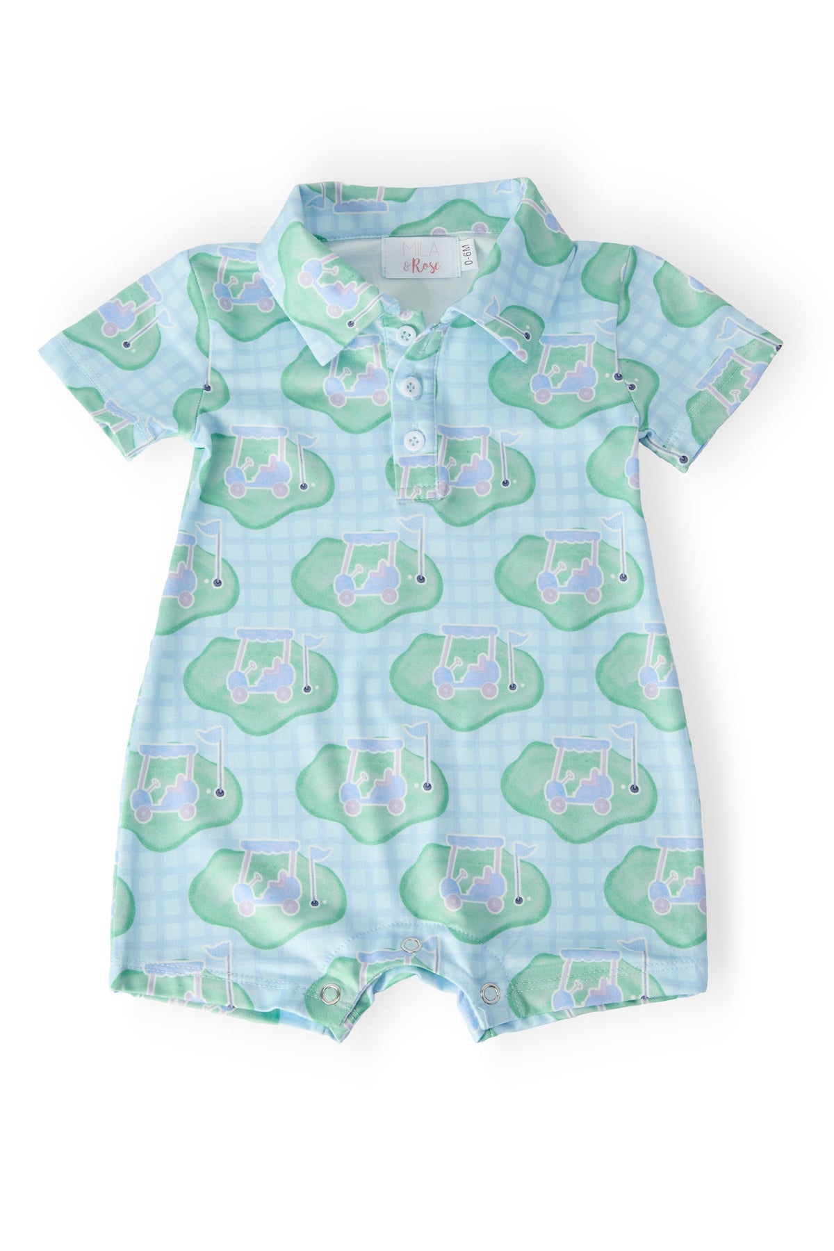 a baby romper with golfing designs