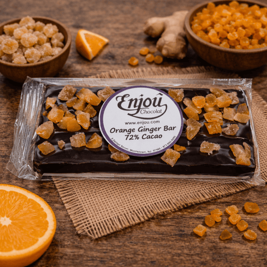 a chocolate bar with orange slices and gingerbread