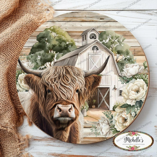 Highland Cow White Barn Florals Sign