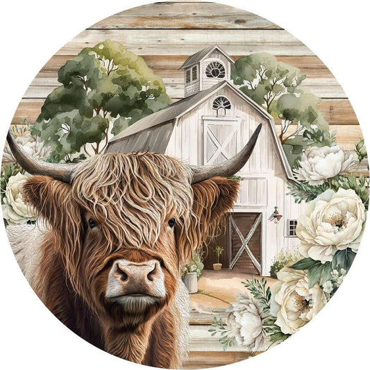 Highland Cow White Barn Florals Sign