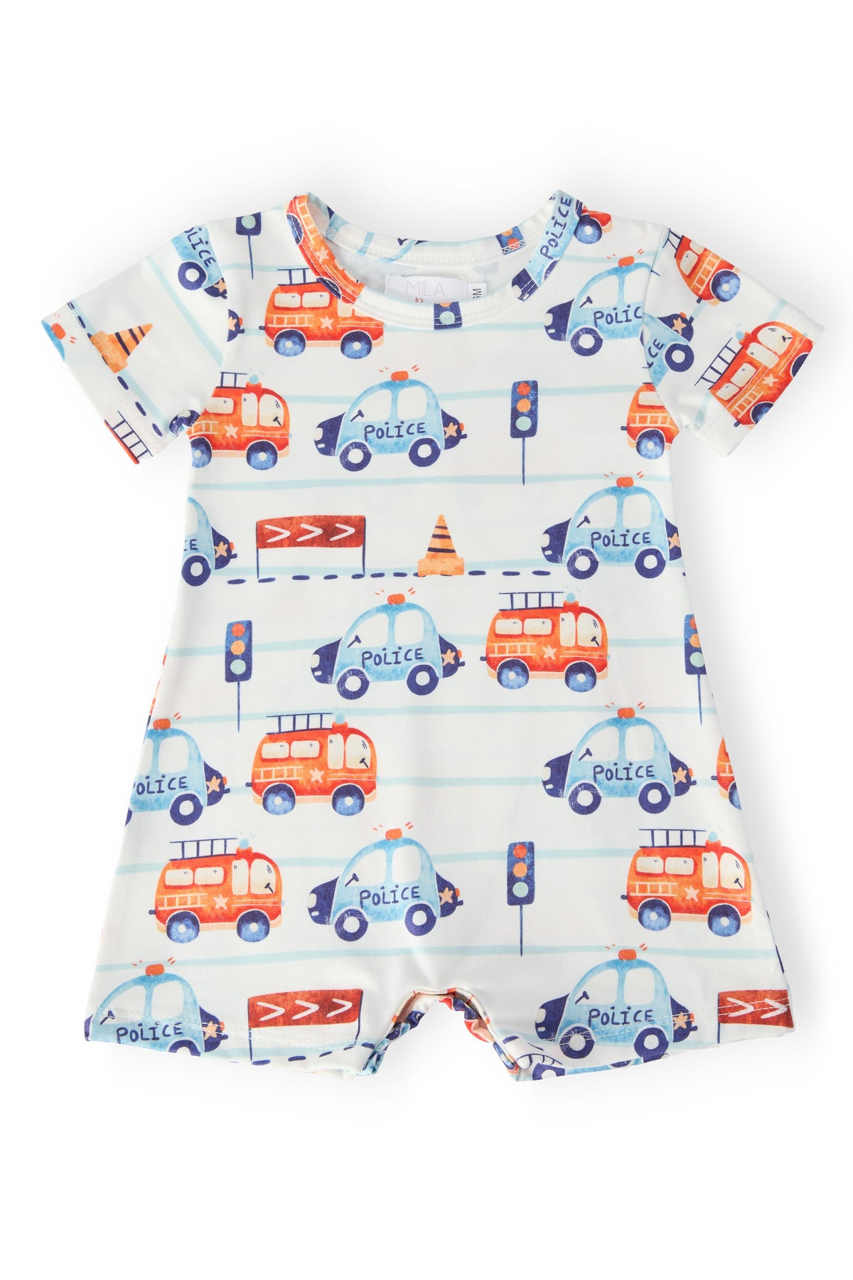 a baby romper with cars on it