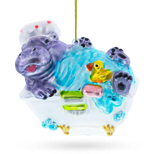 Hippo Taking Bath Glass Christmas Ornament