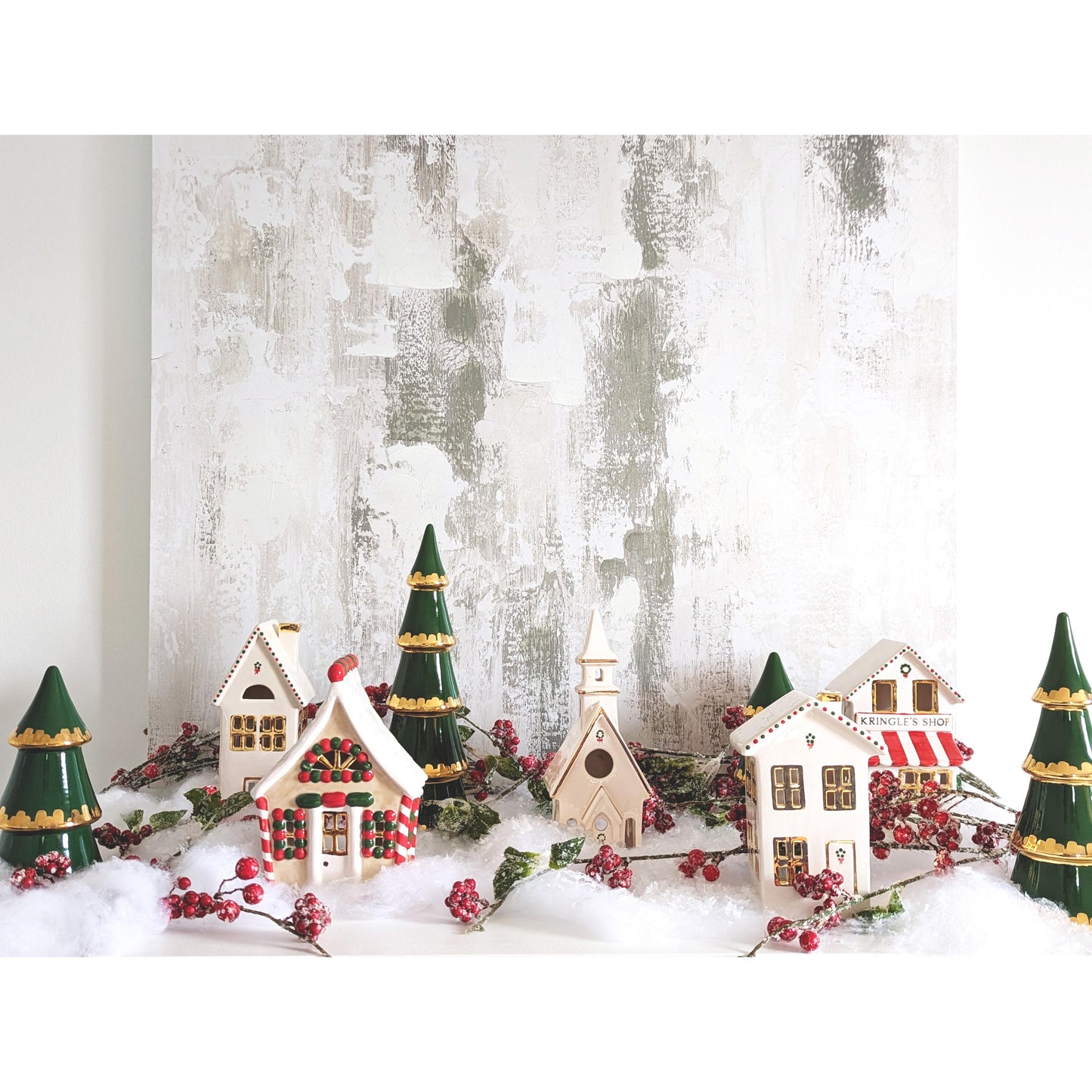 Holiday Green Tiered Christmas Trees with 22K Gold Brushstroke Accent