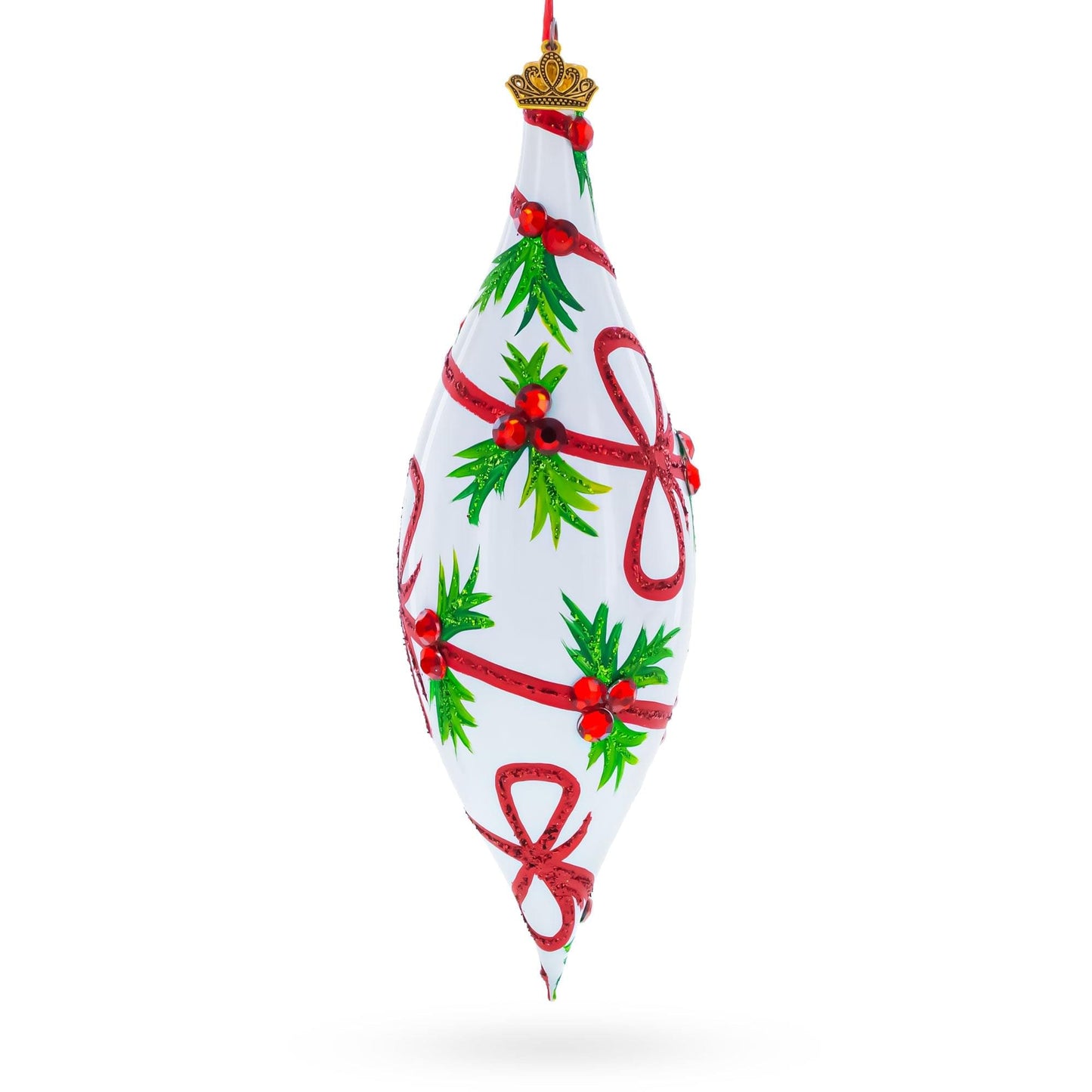 Holiday Ribbon on White Elongated Pointed Teardrop Finial Glass Christmas Ornament